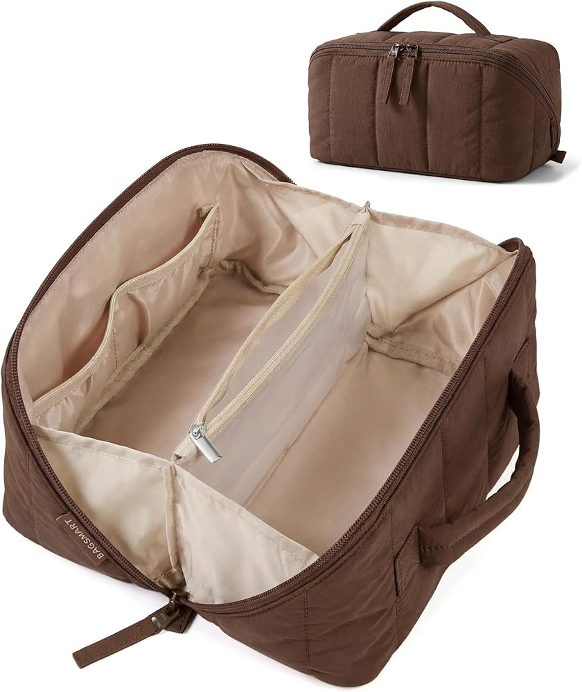 BAGSMART Women's Puffy Travel Makeup Bag, Open Flat, Coffee | Amazon (US)