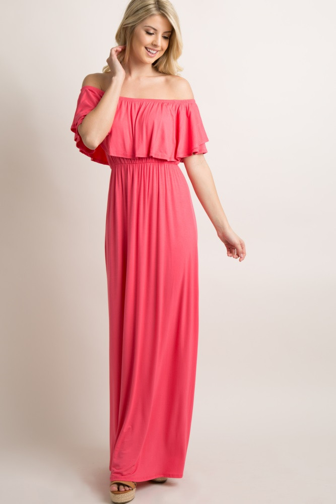 Coral Off Shoulder Ruffle Trim Maxi Dress | PinkBlush Maternity