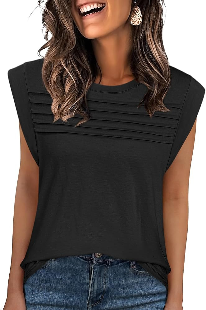 ANRABESS Tank Top for Women Summer Dressy Casual Loose Fit Pleated Shirts Cap Sleeve Tshirts 2025... | Amazon (US)