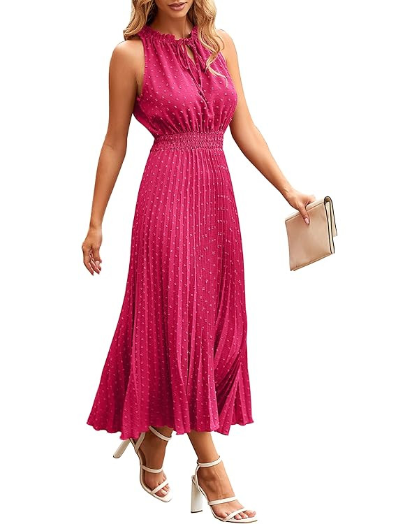 PRETTYGARDEN Women's Midi Summer Dresses Casual V Neck Swiss Dot Ruffle Sleeveless A Line Beach S... | Amazon (US)