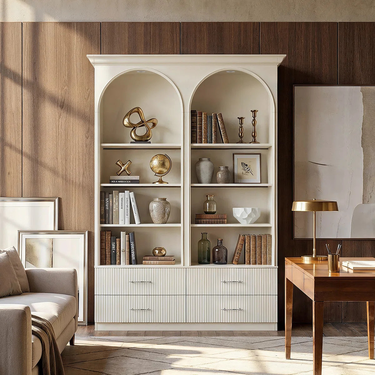 92.5" H Bookcase With Double Arched Open Shelves & 4 Drawers | Wayfair North America