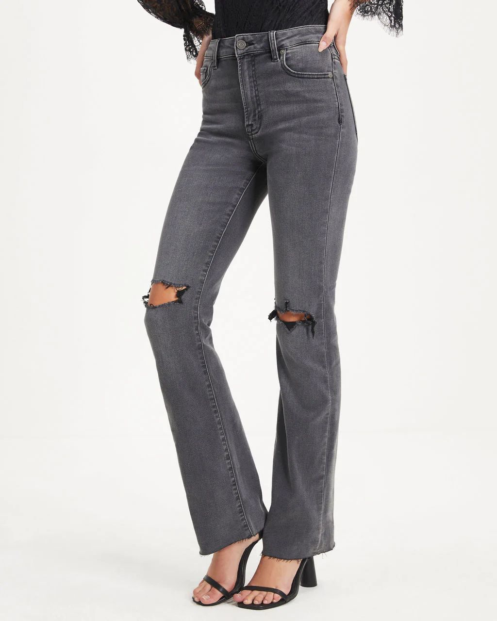 Harlow High Rise Stretch Distressed Wide Leg Jeans - Charcoal | VICI Collection