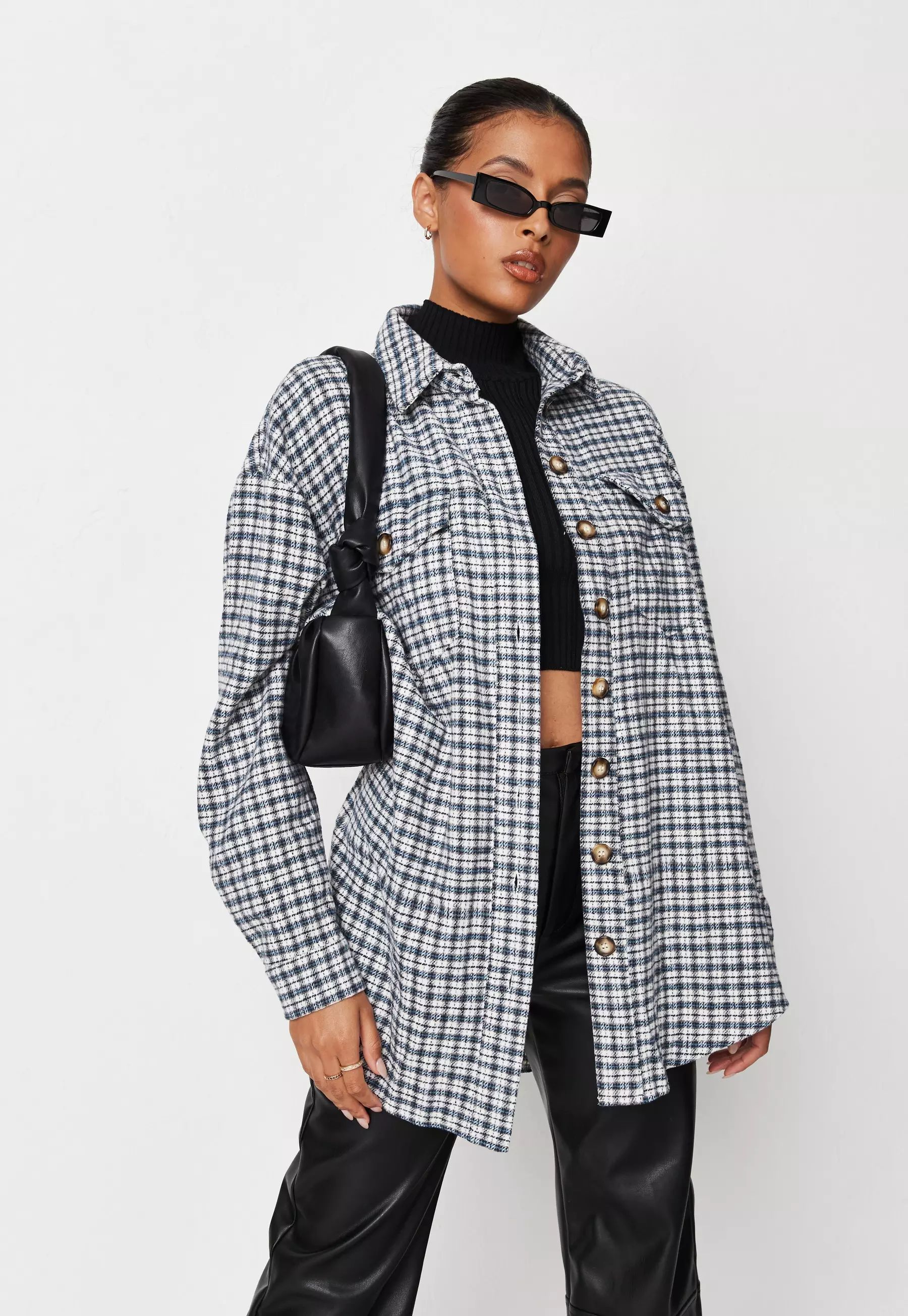 Missguided - Blue Brushed Plaid Oversized Shacket | Missguided (US & CA)