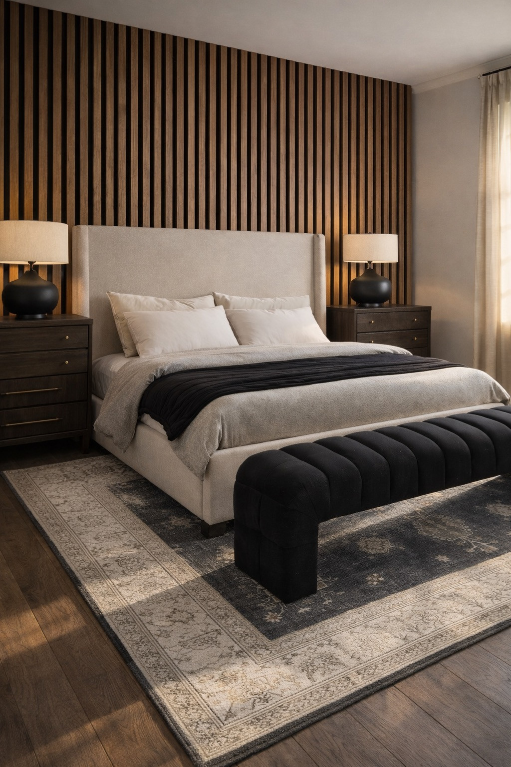 Moody amazon primary bedroom with wood slat wall, dark night stands, upholstered bed, vintage rug, black lamps, and a modern bench for the foot of the bed! 

amazon home, amazon decor, amazon finds, amazon bedroom, luxury bedroom, restoration hardware, modern home, modern bedroom 

 #LTKHome #LTKSaleAlert #LTKFindsUnder100