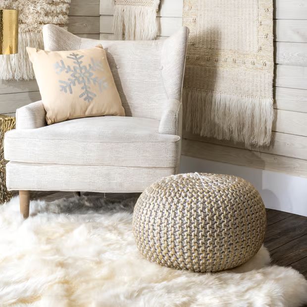 Gold Knitted Round Pouf 14" H x 20" W x 20" D Round | Rugs USA