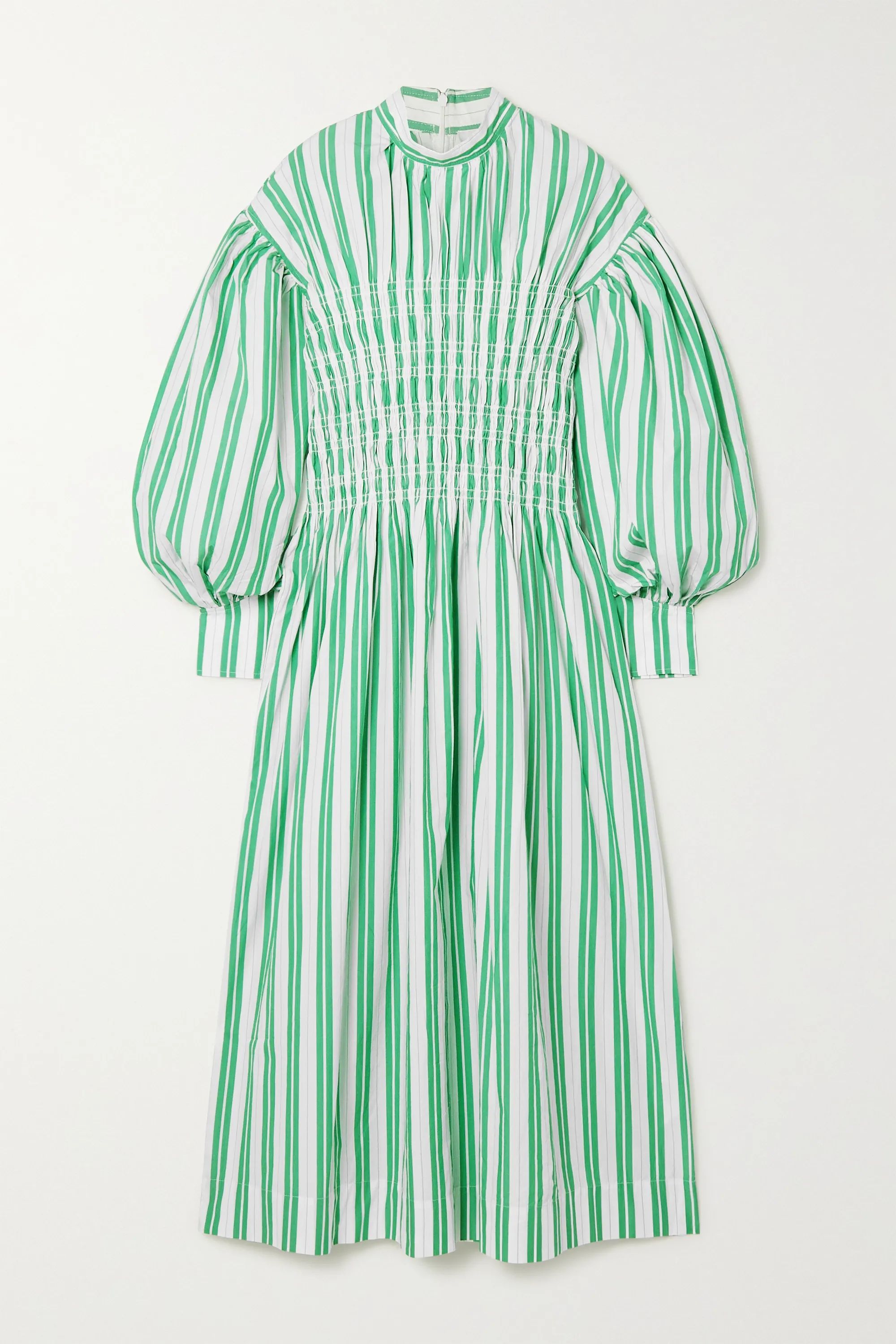 Shirred striped organic cotton-poplin midi dress | NET-A-PORTER (UK & EU)