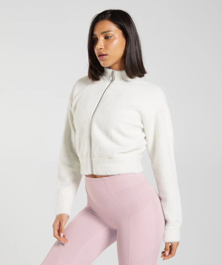 Gymshark Whitney Eyelash Knit Jacket - Skylight White | Gymshark US