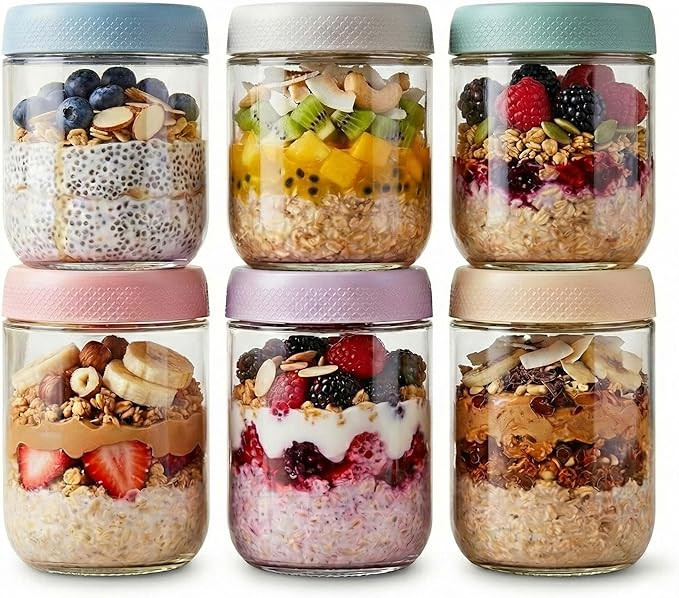 JBHO 6-pack 16 oz Overnight Oats Containers with Lids, Glass jars with Airtight Lids, Wide mouth ... | Amazon (US)