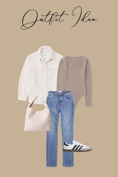 Casual outfit idea- neutral style- Abercrombie style- affordable fashion- sherpa- jeans- woven amazon purse- sambas 