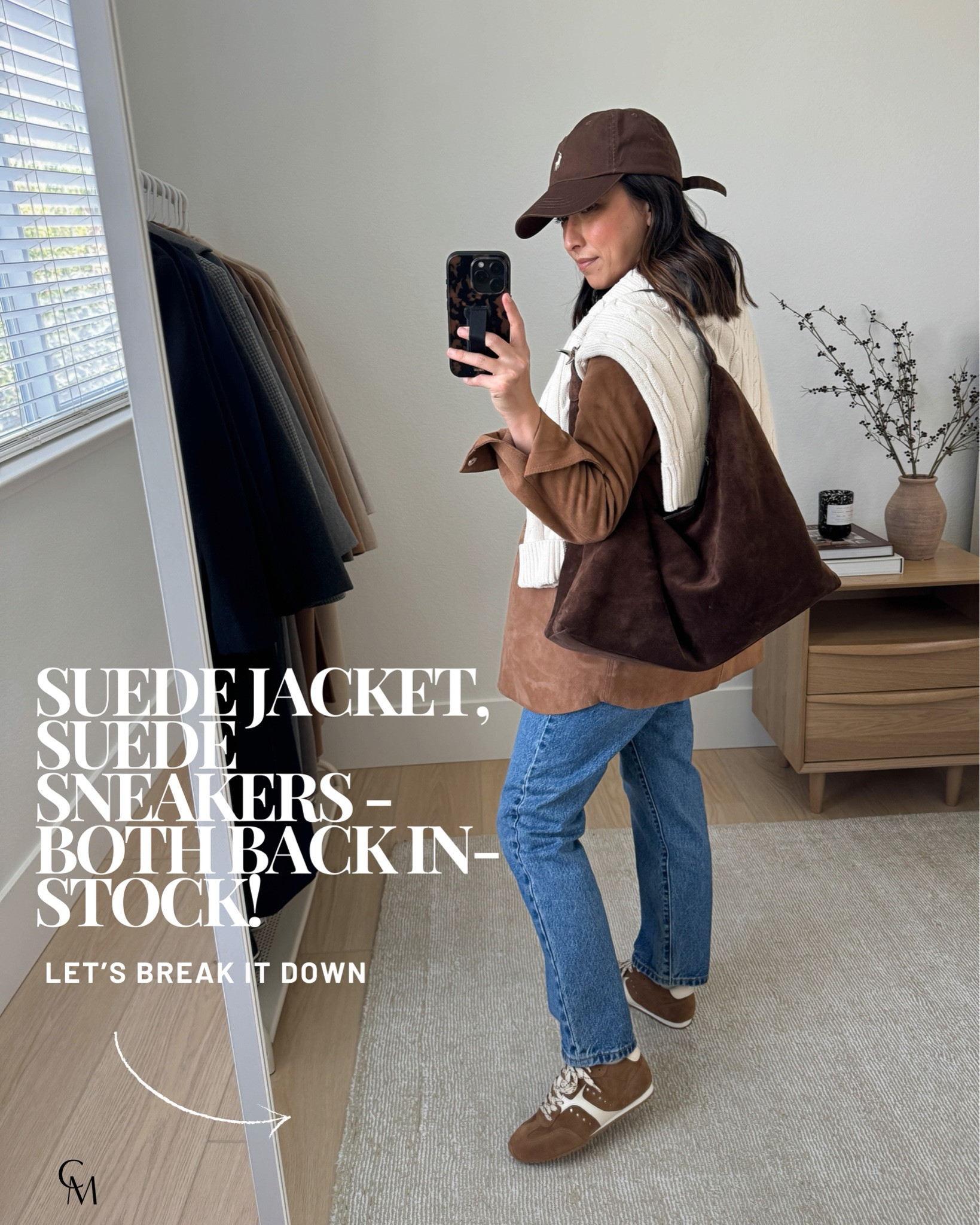 This suede jacket and sneakers are back in stock! 

Sezane suede jacket small 
Madewell tee xs - sold out, linked similar
Levi's 501 Crop jeans 26, sized up - my exact wash is sold out, linked similar
Larroude sneakers 6, run small 
Liffner Hobo Pillow bag
Gap cable knit sweater xs - old, linked similar
Polo Ralph Lauren hat

#LTKootd #LTKmomlife #LTKPetite