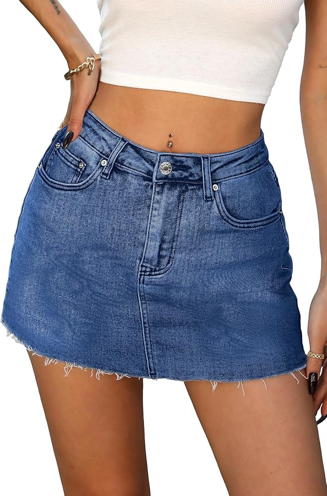 ELLEVEN Denim Skirt with Shorts Mini Skort - Casual Jean Skirts with Raw Hem & Pockets | Amazon (US)