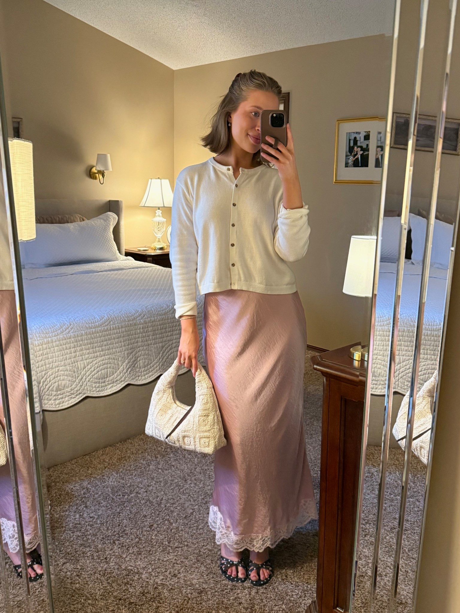 Wearing a size S in my Gap 100% cotton cardigan
Abercrombie satin maxi skirt in size S (I’m 5’7”)
Walmart polka dot kitten heels
H&M crochet handbag
Revolve tennis bracelet
Amazon earrings & claw clip

#LTKgrwm #LTKootd