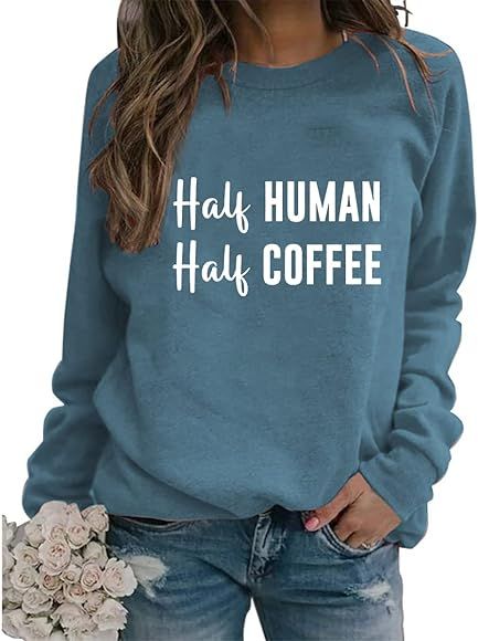 Half Human Half Coffee Sweatshirts Women Funny Lightweight Graphic Sweatshirt Long Sleeve Crewneck P | Amazon (US)