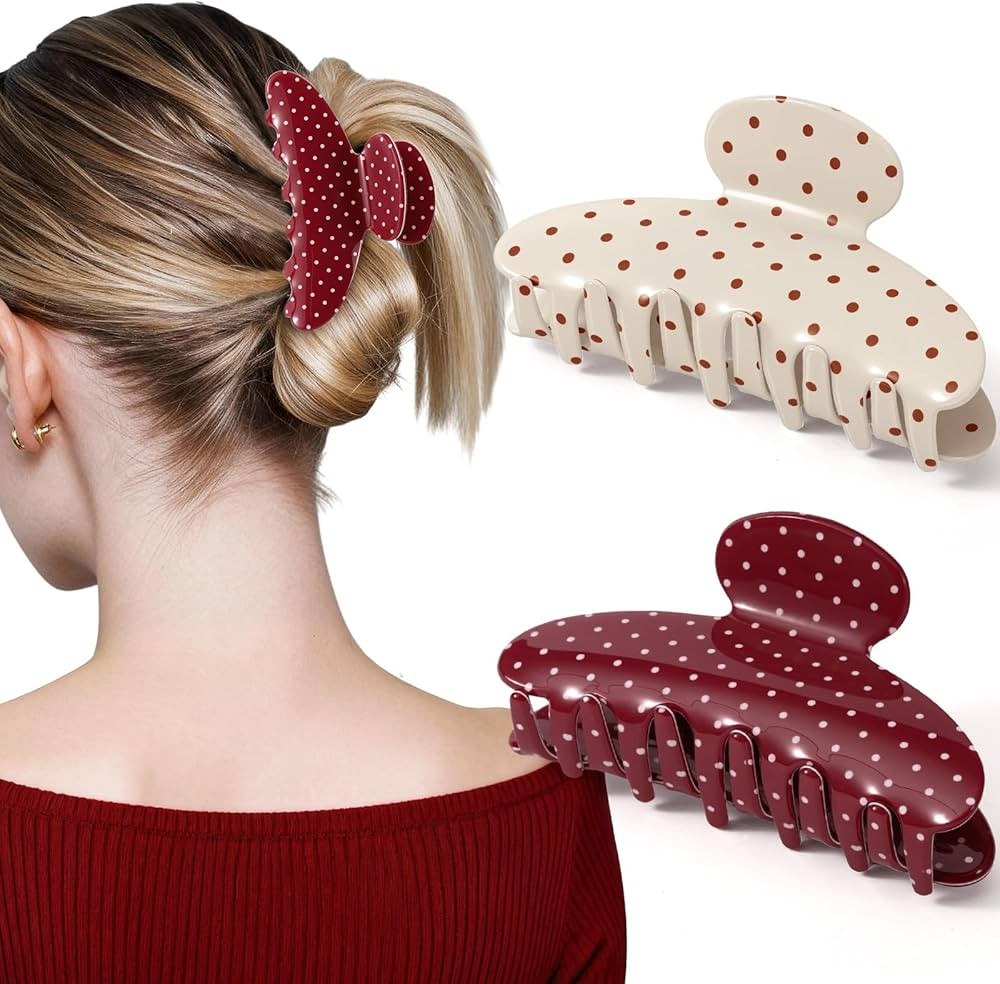 2 Pack Medium Hair Clips for Women, Strong Hold Recycled Plastic Claw Clips for Thick Hair Polka ... | Amazon (US)