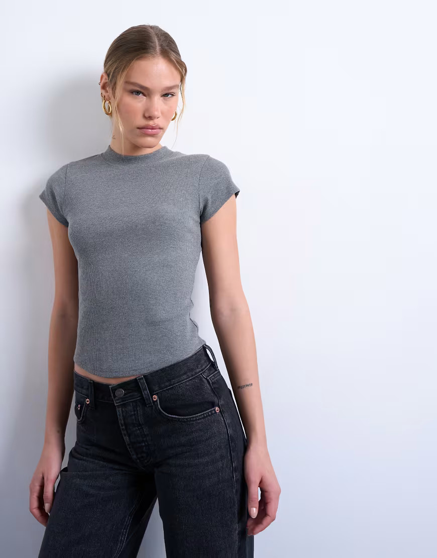 Topshop ribbed fitted curve hem tee in gray heather | ASOS (Global)