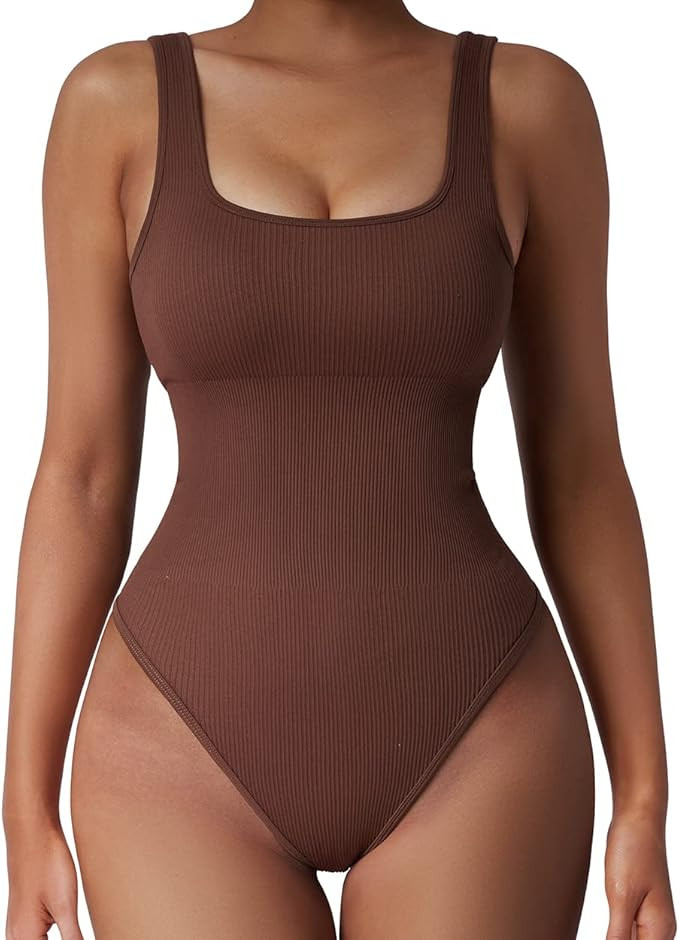 SUUKSESS Women Ribbed Sexy Bodysuit Sleeveless Square Neck Padded Tank Top | Amazon (US)