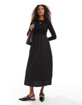 Threadbare long sleeve black midi dress with poplin skirt | ASOS | ASOS (Global)