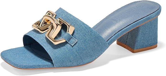 Women's Raffia Slide Sandals Square Open Toe Sandal Chunky Heeled Metal Chain Dressy Shoes | Amazon (US)