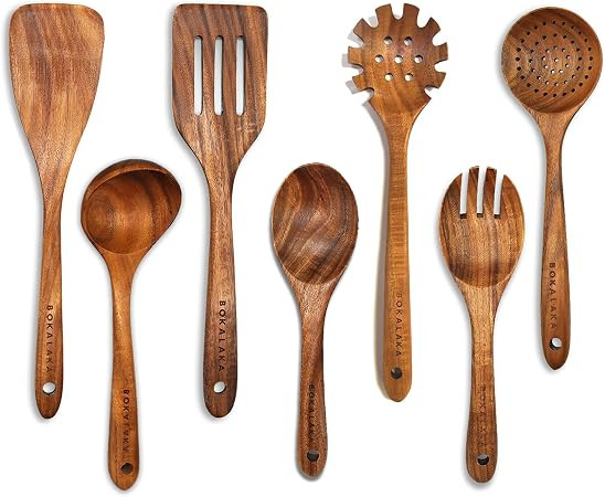 Teak Wooden Kitchen Utensil Set - 7Pcs Wooden Cooking Utensils Including Spatula | Amazon (US)