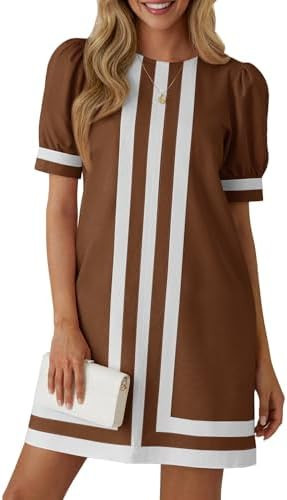 Wenrine Womens Puff Short Sleeve Mini Dress Summer Crewneck Striped Color Block Loose Casual Shif... | Amazon (US)