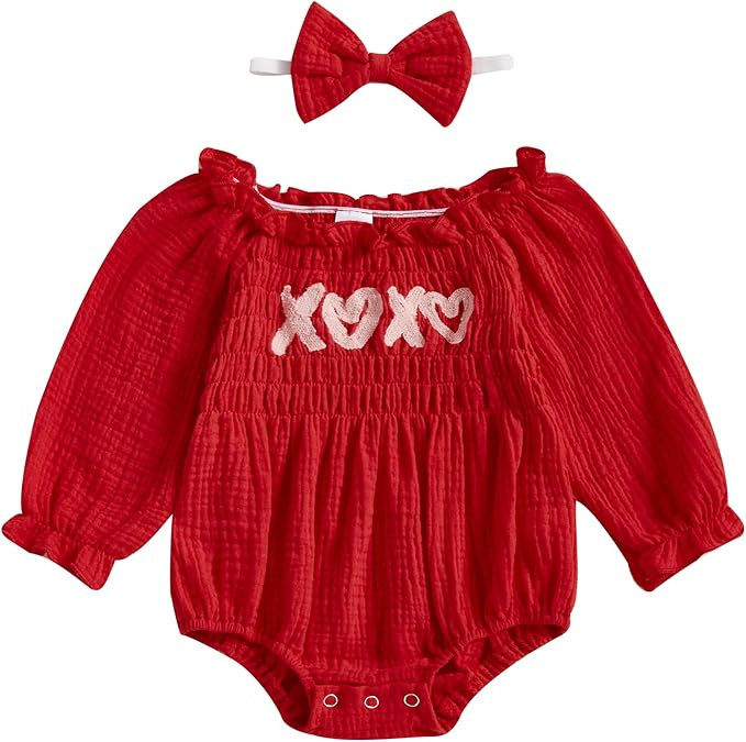 Lesimsam Newborn Baby Girl Valentines Outfit Embroidery Cotton Linen Smocked Bubble Romper Long S... | Amazon (US)