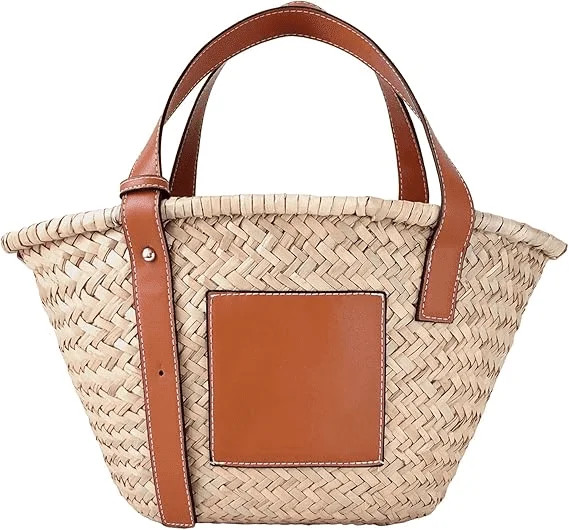 Custom Handmade Women's Straw Basket Tote Bag - Natural raffia tote bag with faux leather shoulde... | Walmart (US)