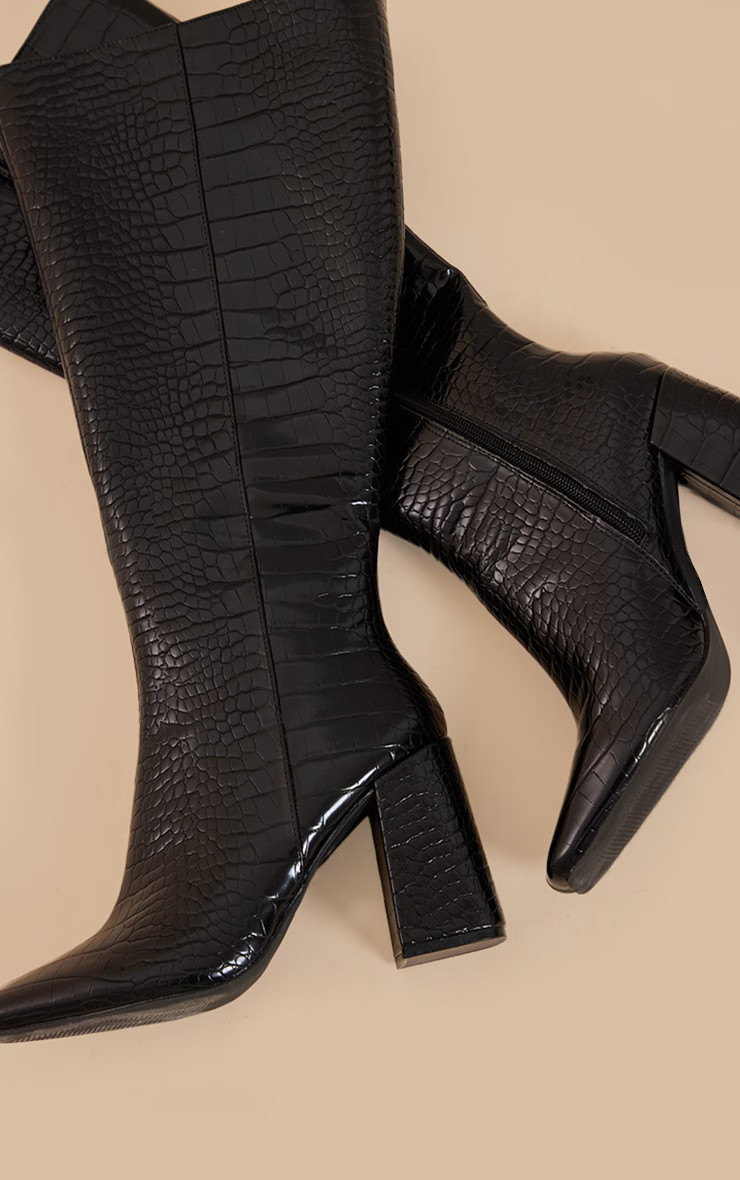 Black Pu Croc Square Toe Knee High Heeled Knee Boots | PrettyLittleThing UK