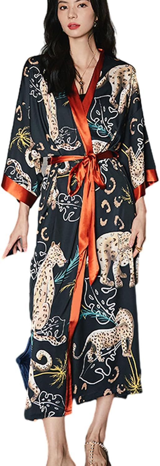 Satin Long Robe for Women Japanese Silk Kimono Robe Lightweight Soft Bathrobe Floral Luxury Dressing Gown | Amazon (US)