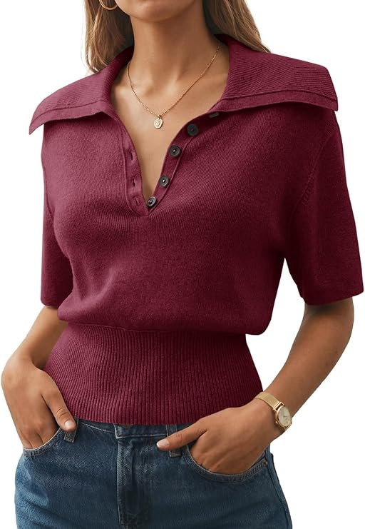 Saodimallsu Womens Polo Sweater Top Summer Short Sleeve Button V Neck Collared Trendy Ribbed Hem ... | Amazon (US)