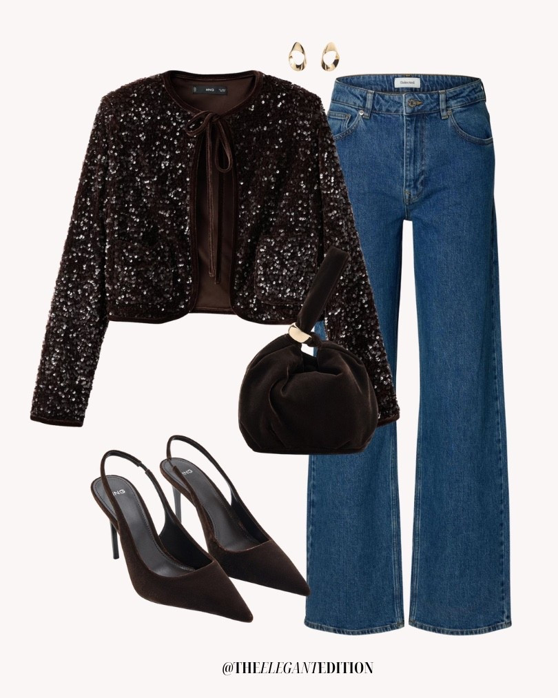 Dark brown sequin jacket with wide leg denim jeans partywear sparkle brown suede heels 

LTKSeasonal #LTKStyleTip #sequinjacket #wideleg #casualparty #denim

#LTKeurope #LTKpartywear #LTKstyletip #LTKfestive