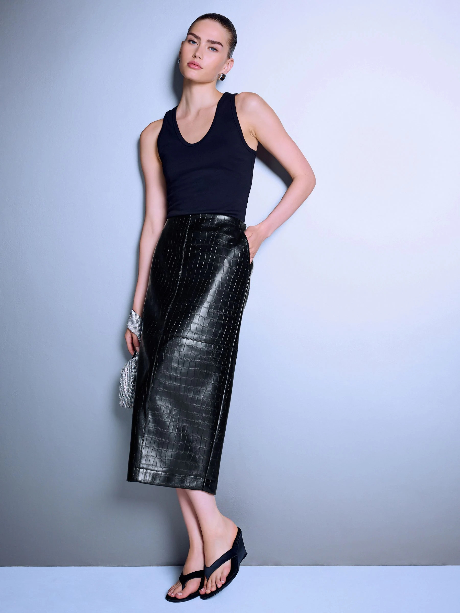 Next Chocolate Brown Textured Faux Leather Column Midi Skirt | Next EU