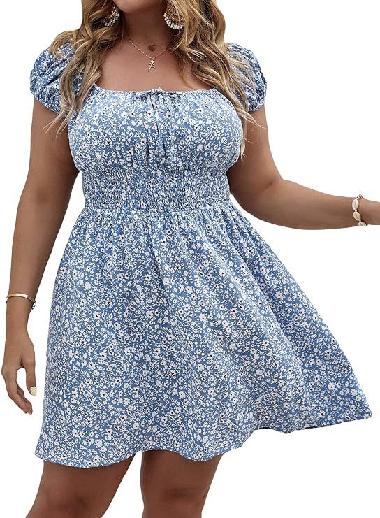 MakeMeChic Women's Plus Size Floral Short Puff Sleeve Shirred Waist A Line Short Dress | Amazon (US)