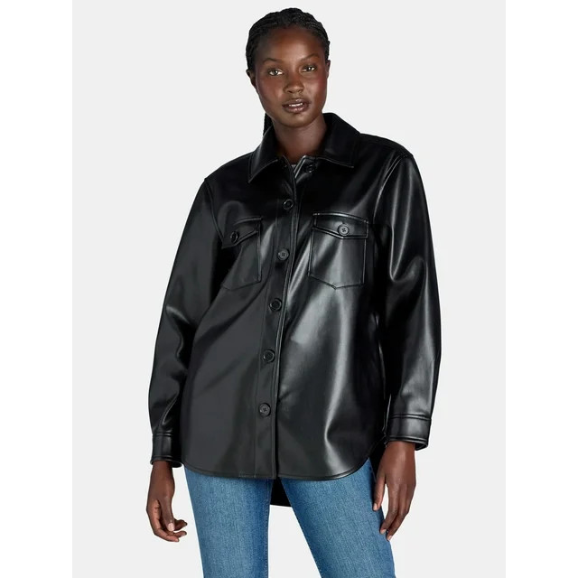 Time and Tru Women's Faux Leather Shacket, Sizes XS-XXXL | Walmart (US)