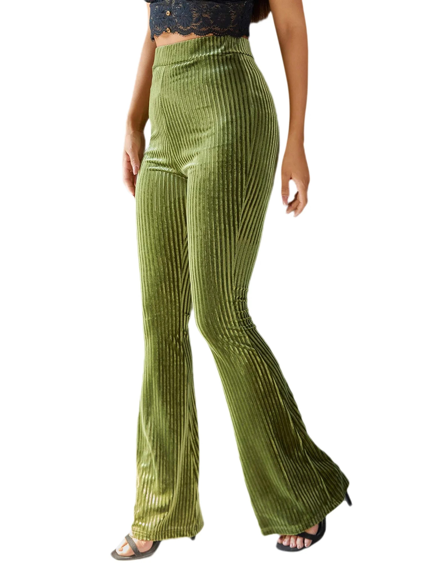 Luiryar Women's Juniors Corduroy Elastic High Waist Flare Leg Palazzo Long Pants Trousers | Walmart (US)