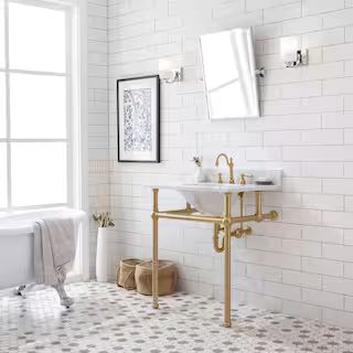 Embassy 30 in. Brass Wash Stand with Satin Brass P-Trap Kit, Faucet, Marble Counter Top, and Whit... | The Home Depot