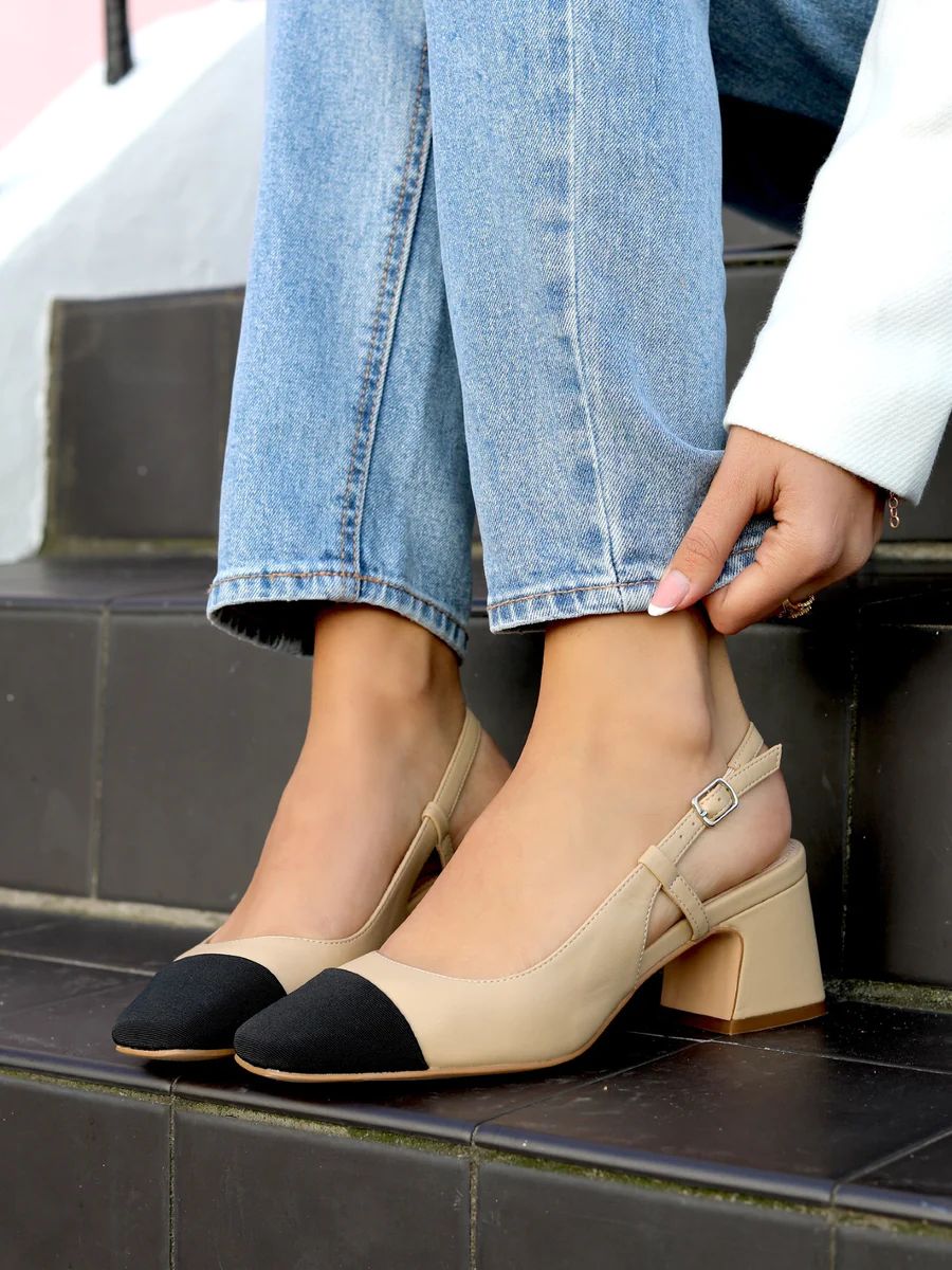 Nude Faux Leather Close Toe Court Shoe With Fabric Toe Cap | Linzi Shoes