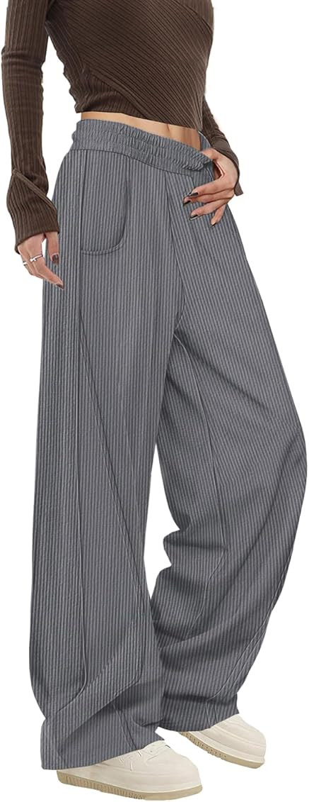 YESNO Women's Corduroy Casual Baggy Pants Elastic Waist Wide Leg Trousers with Pockets PCB | Amazon (US)