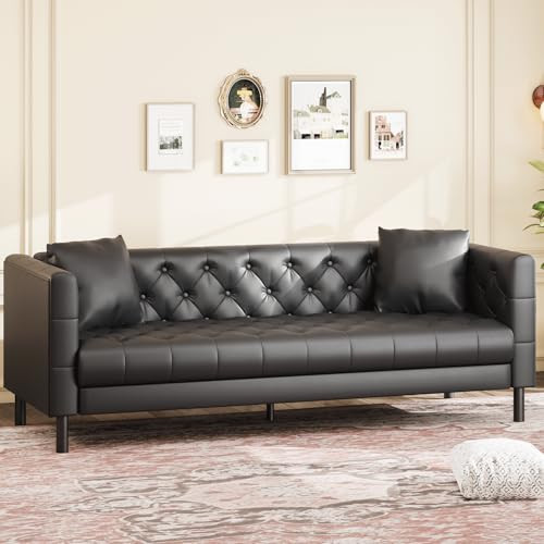 IDEALHOUSE 78" Mid-Century Modern Leather Sofa for Living Room, Chesterfield Sofa with Deep Seats and 2 Pillows, 3 Seater Couch with Button Tufted, Leather Couch for Apartment, Office, Black | Amazon (US)