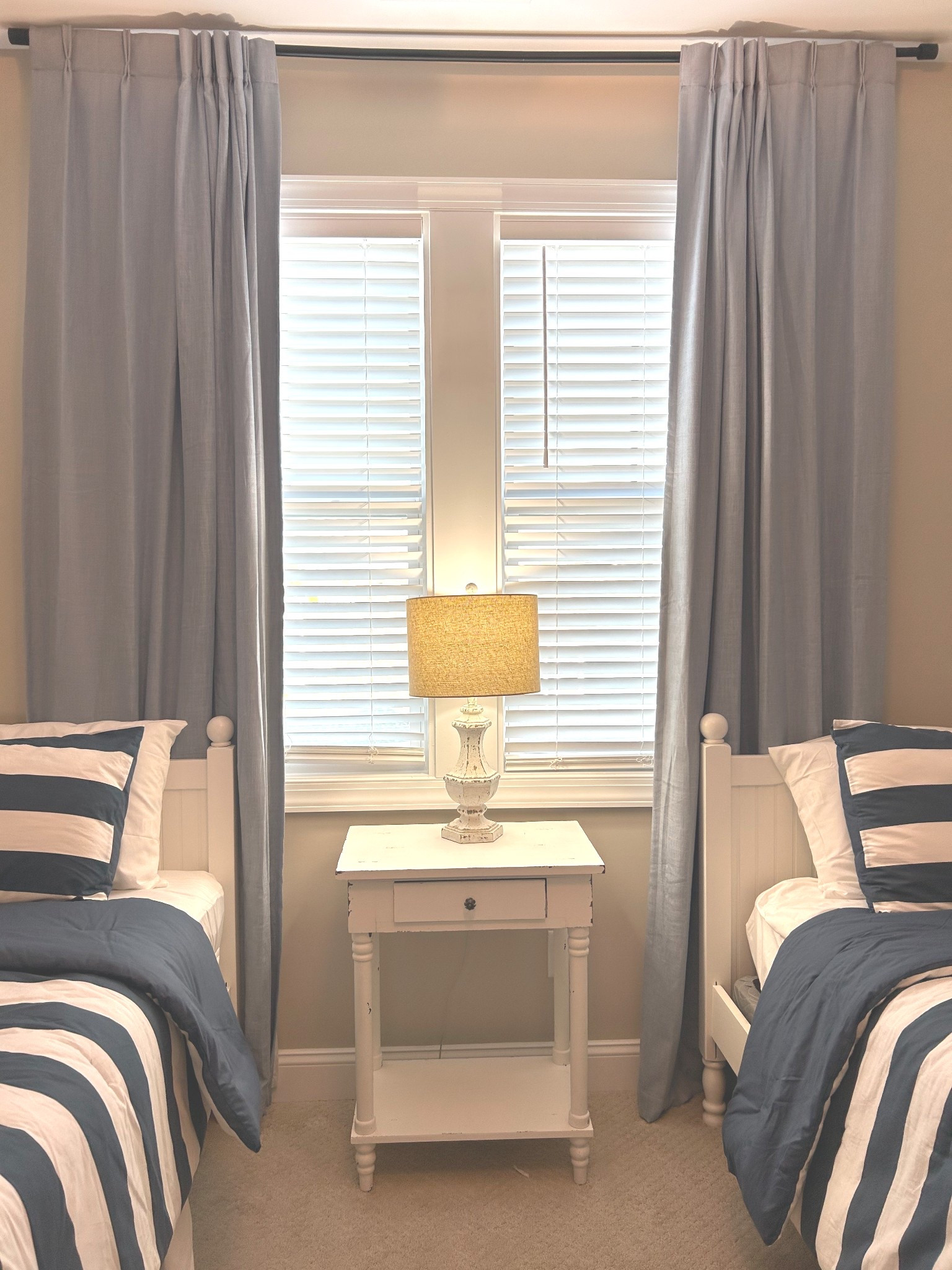 Great light blue linen weighted drapes. Shown in 108” length. 