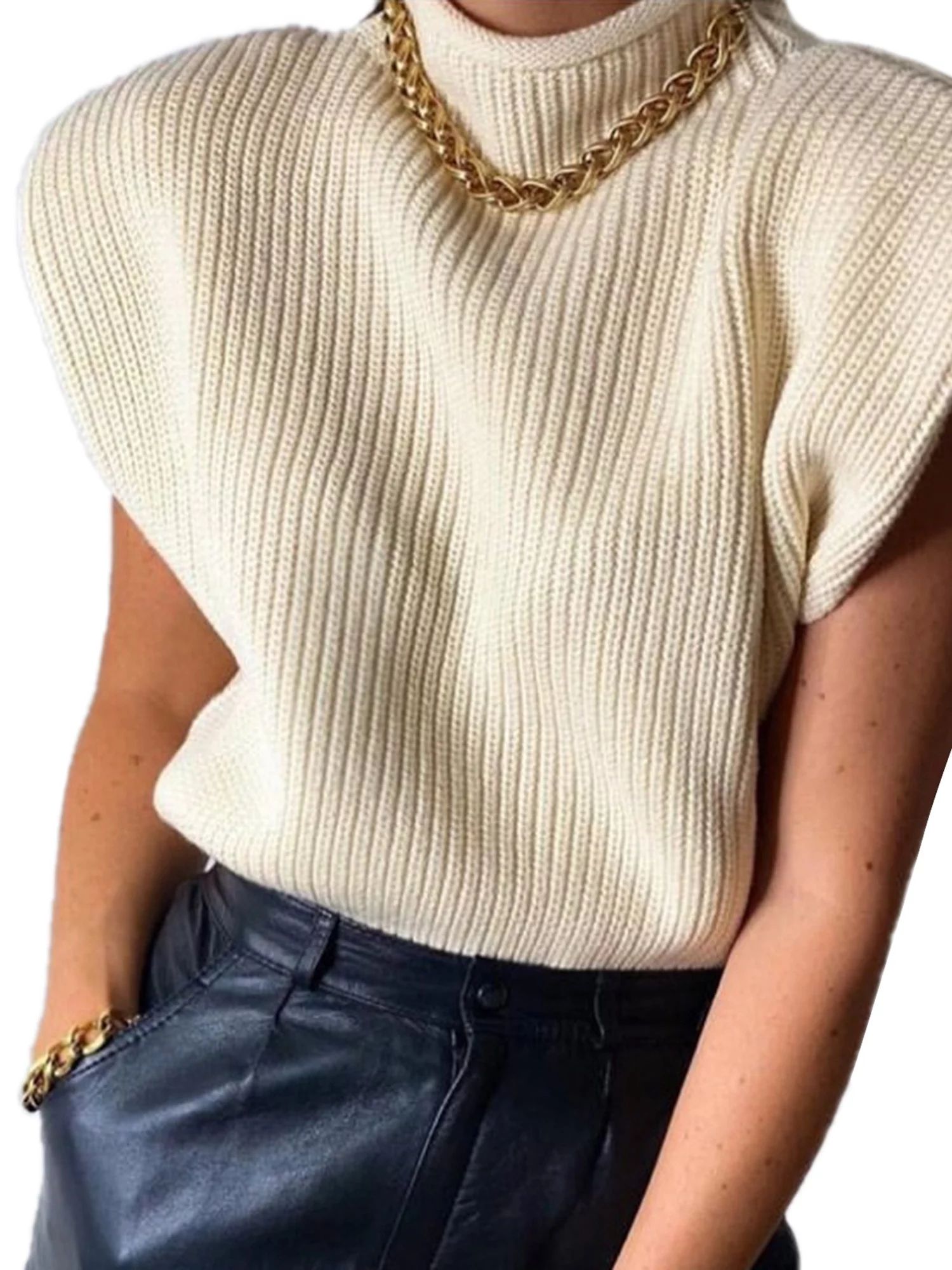 AMILIEe Womens Knit Sweater Vest Turtleneck Sleeveless Tank Tops Shoulder Pads Knitwear - Walmart... | Walmart (US)
