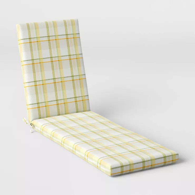 DuraSeason Fabric™ Outdoor Chaise Cushion Linen/Yellow Plaid - Threshold™ | Target