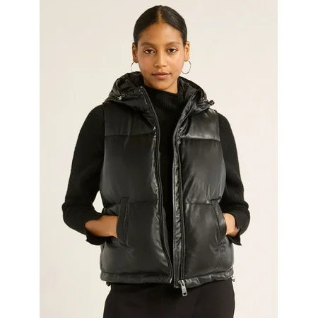 Scoop Women s Faux Leather Hooded Puffer Vest Midweight Sizes XS-XXL | Walmart (US)
