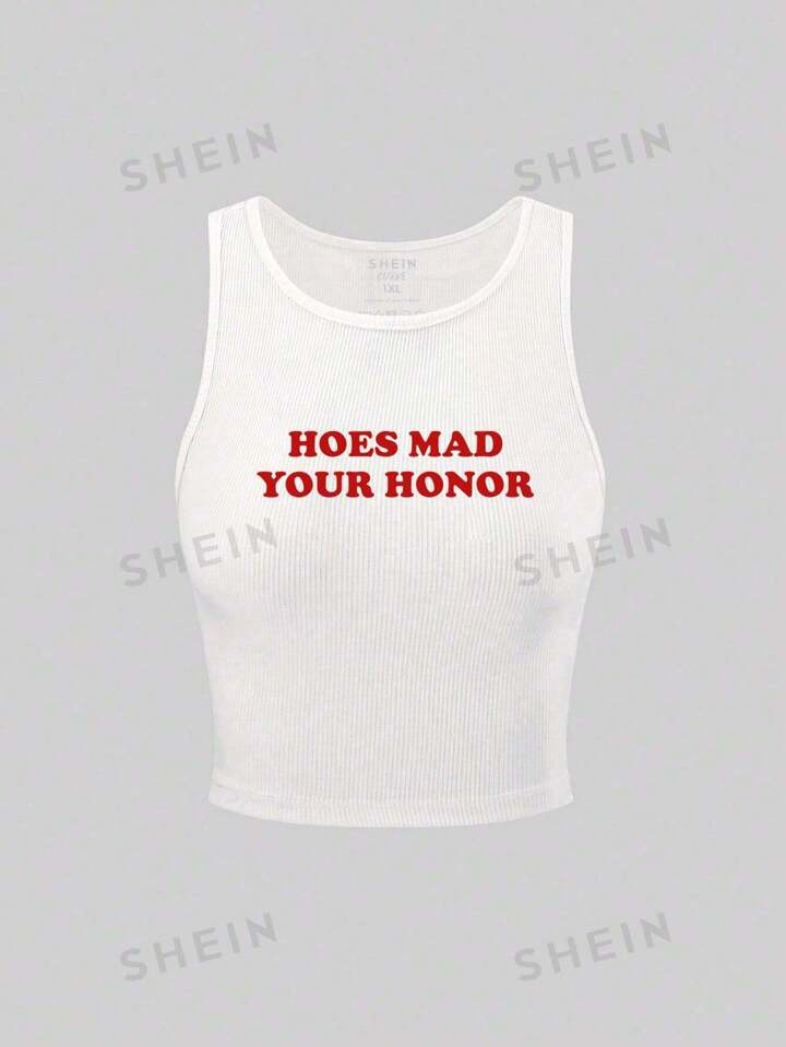 Plus Size Women's Summer Printed Slogan Crop Top Casual Tank Top | SHEIN