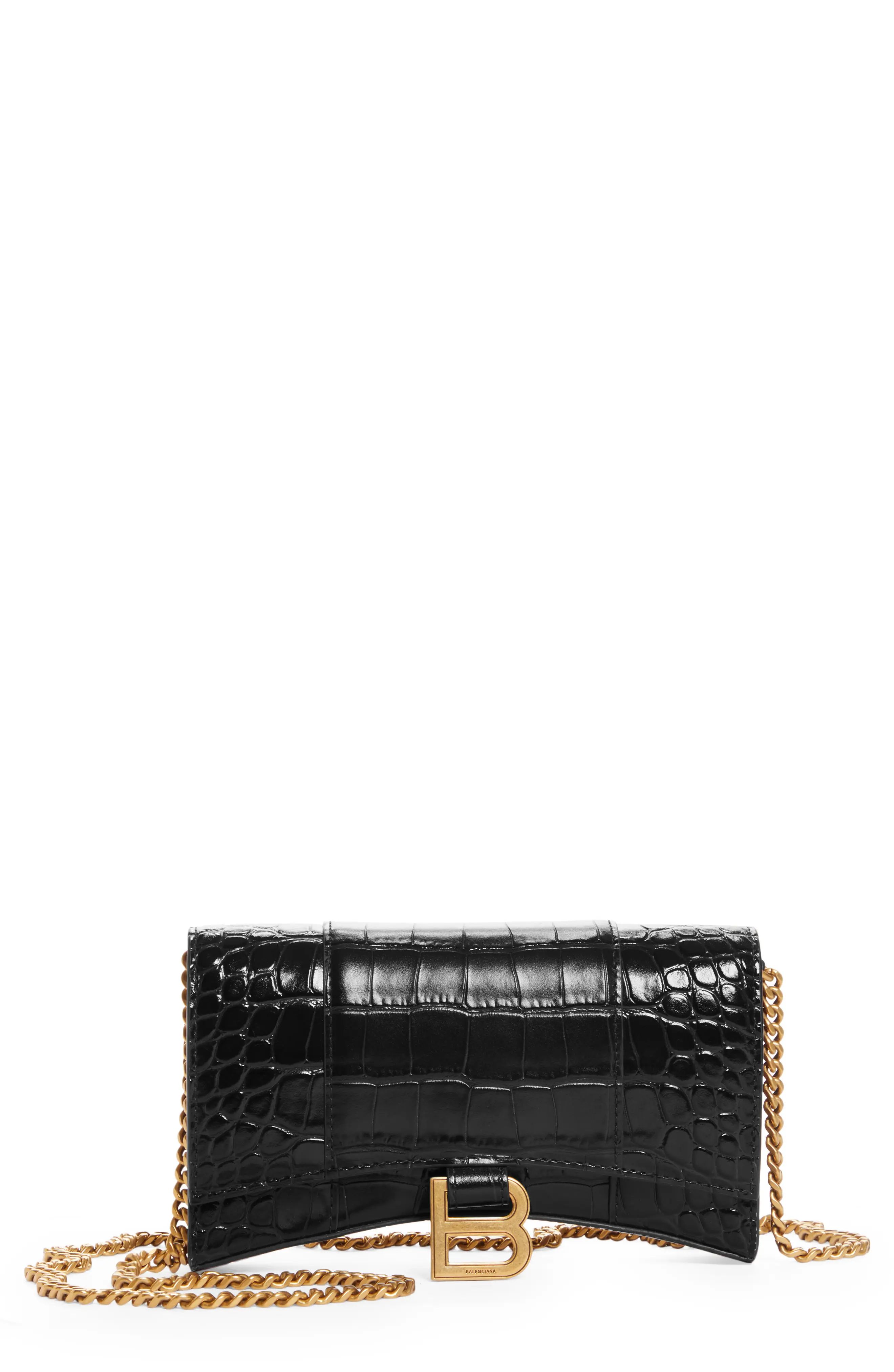 Balenciaga Hourglass Leather Wallet on a Chain in Black at Nordstrom | Nordstrom