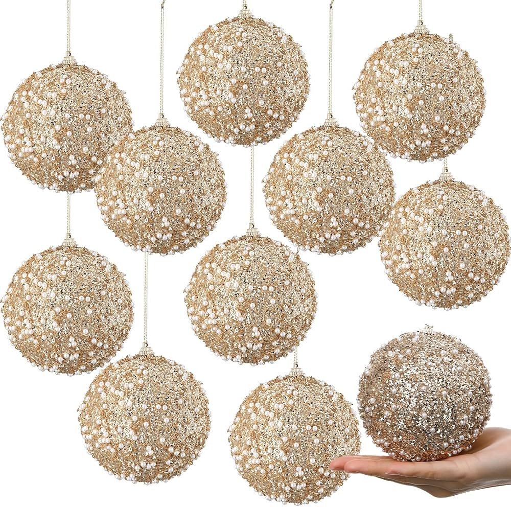 Lyrow 12 Pcs Large Glitter Christmas Ball Ornament 4 Inch Vintage Foam Christmas Tree Balls Sequi... | Amazon (US)