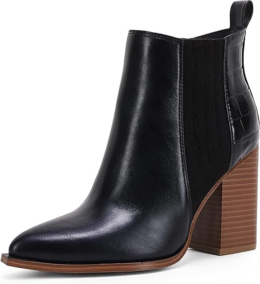 Womens Pointed Toe Slip on Ankle Booties Stacked Mid Block Heel Shoes Faux Leather Boots | Amazon (US)