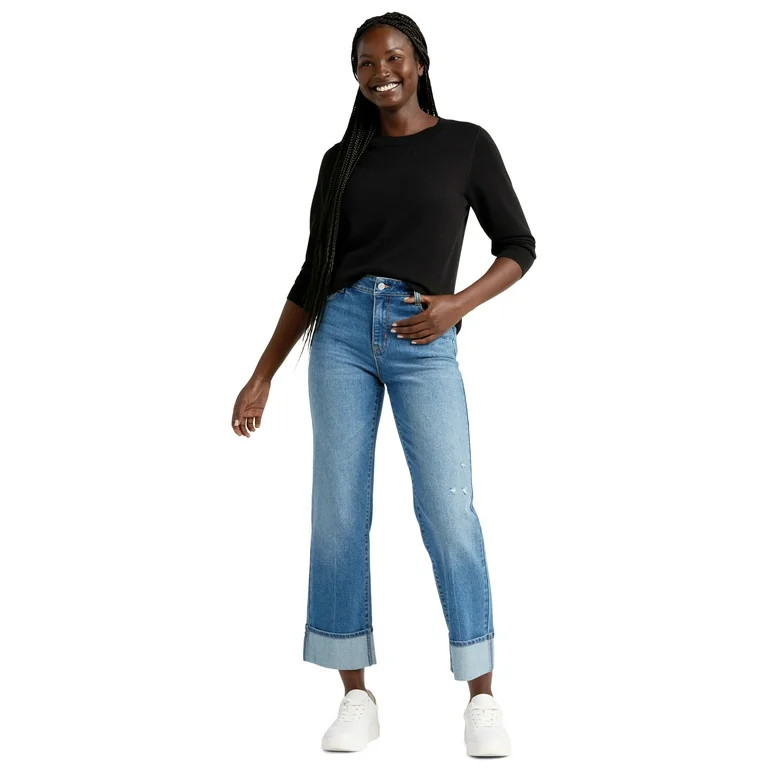 Time and Tru Women's High Rise Straight Leg Cuffed Jeans, 29" Inseam, Sizes 2-20 | Walmart (US)