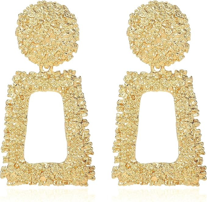 ATIMIGO Statement Drop Earrings Large Metal Rectangle Geometric Dangle Earrings Silver/Gold for W... | Amazon (US)