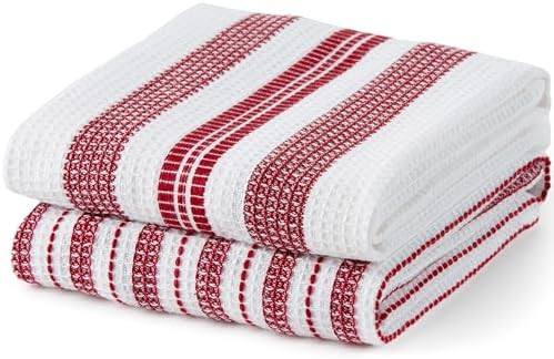 Sticky Toffee Waffle Kitchen Towels Set of 2 – 25x15 in White and Red Striped Cotton Dish Towel... | Amazon (US)
