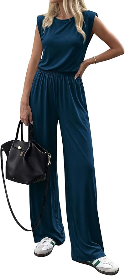 BTFBM 2 Piece Sets for Women Spring 2026 Casual Shoulder Pad Tank Top Wide Leg Pants Matching Set... | Amazon (US)